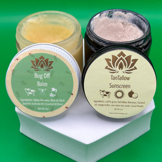 tallow based insect repellent balm and reef safe tallow sunscreen