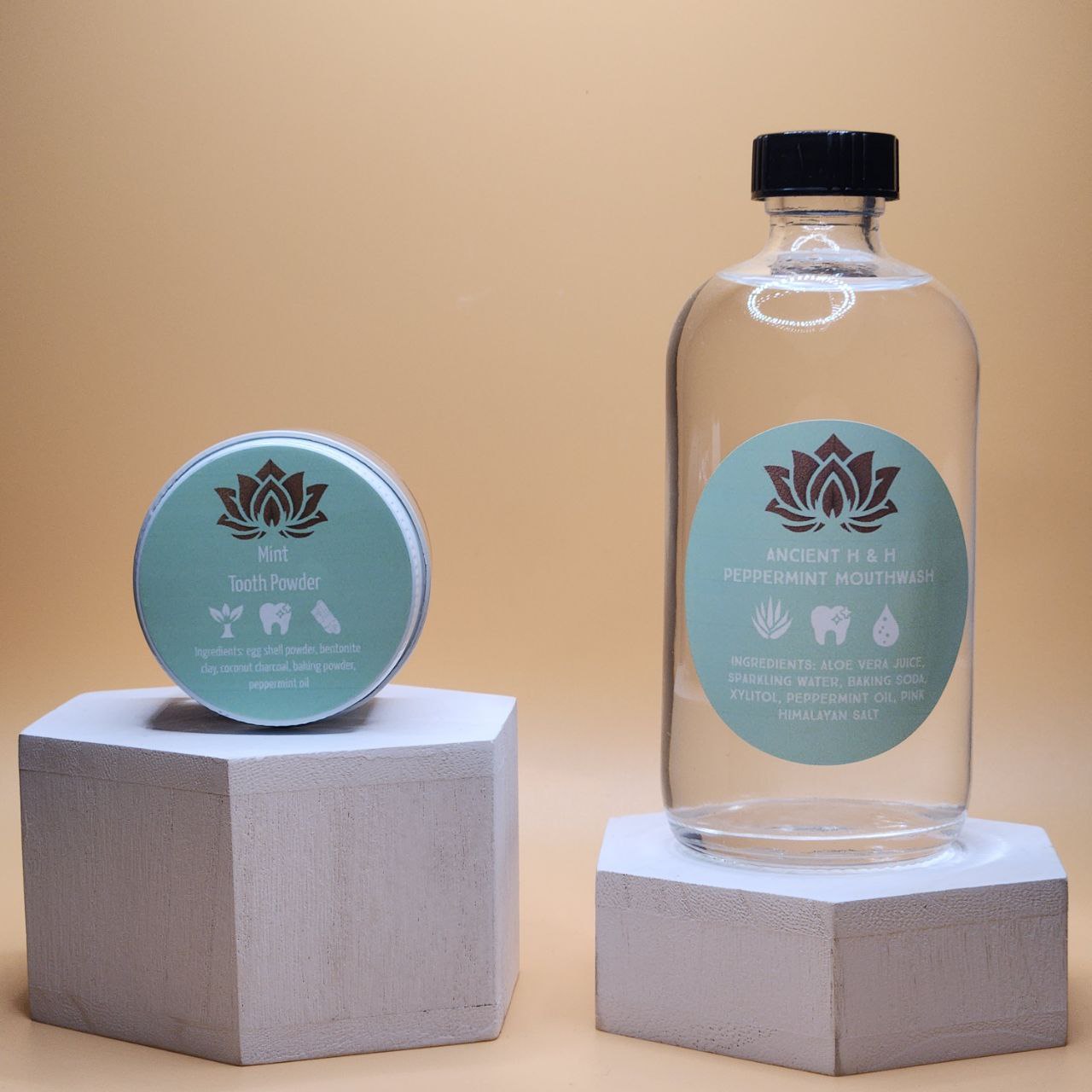 Complete oral health kit with natural tooth powder, peppermint mouthwash & a biodegradable bamboo toothbrush.