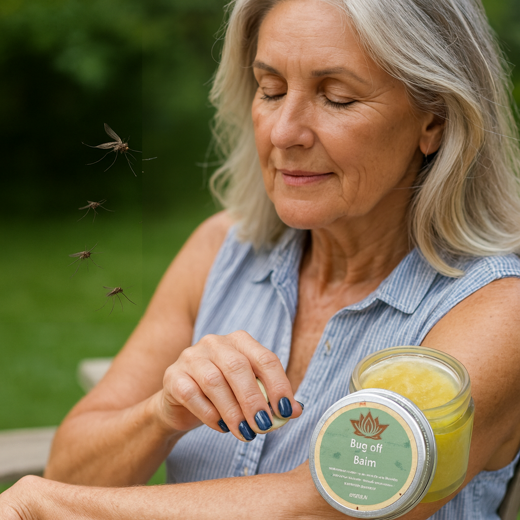 woman applying mosquito repellent in her backyard amongst the mosquitos