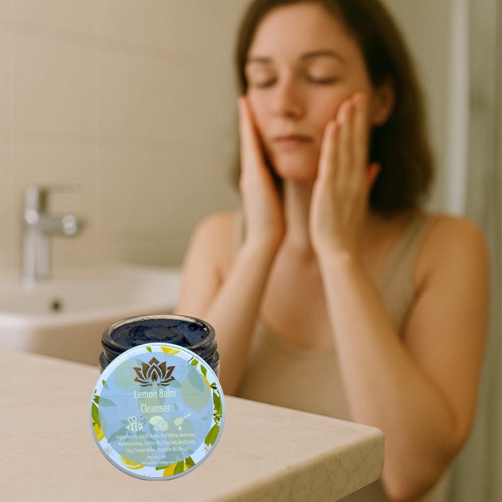 tallow cleanser being used in the bathroom on womans face