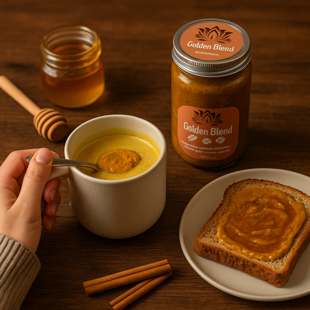 Jar of Golden Blend spread, cup with spread, toast, honey, and cinnamon on a wooden table.