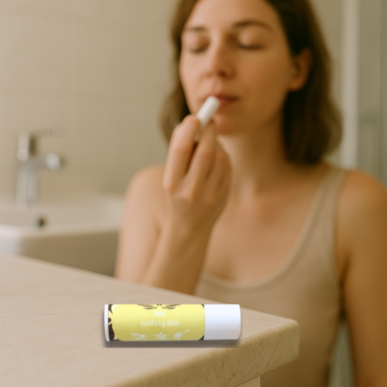 woman applying halal tallow lip balm to dry lips