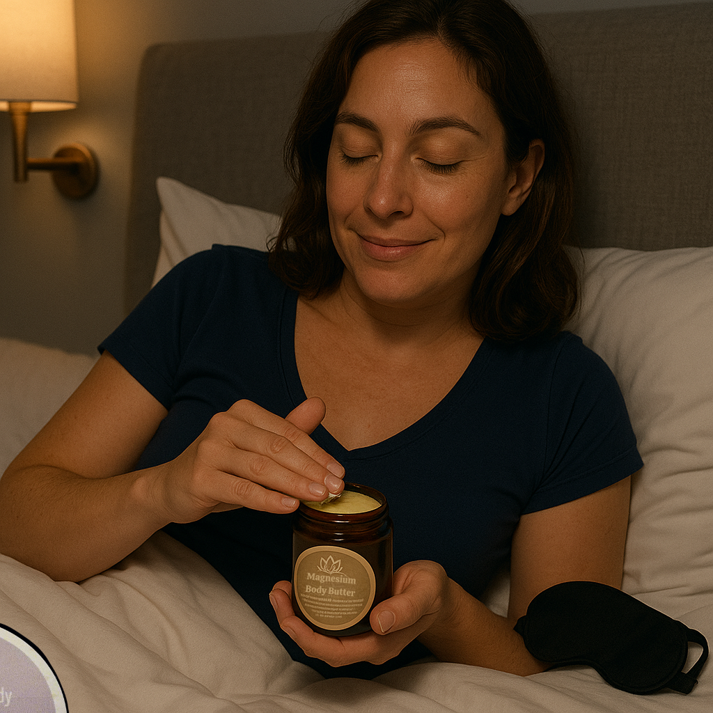 woman applying relaxing magnesium balm to skin before sleeping