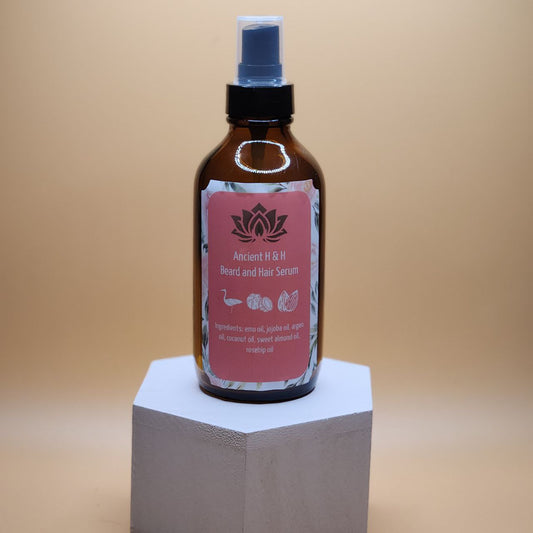 A bottle of beard and hair serum with a label that includes an image of a person and text, placed on a pedestal.