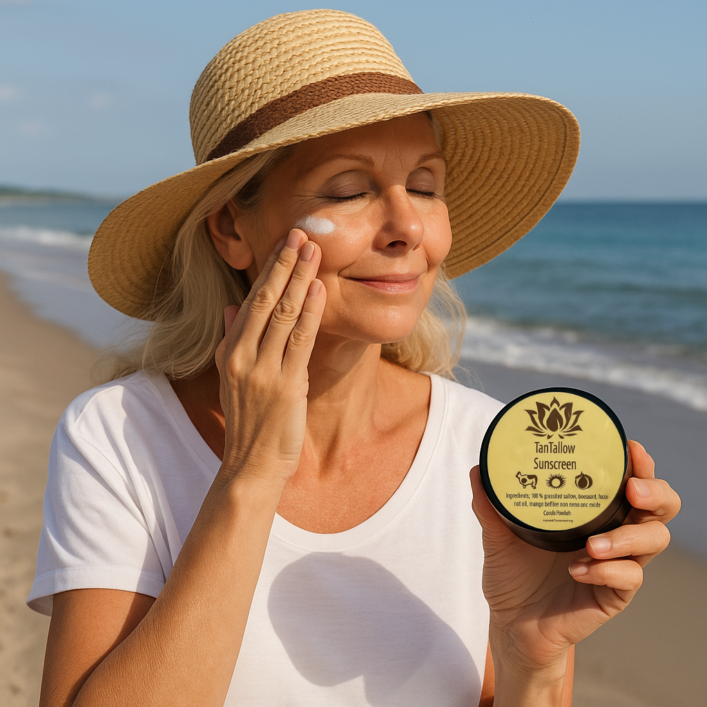 Woman applying sunscreen on beach with Tantallow mineral zinc oxide sunscreen in a jar