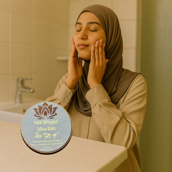 woman applying halal tallow balm to face