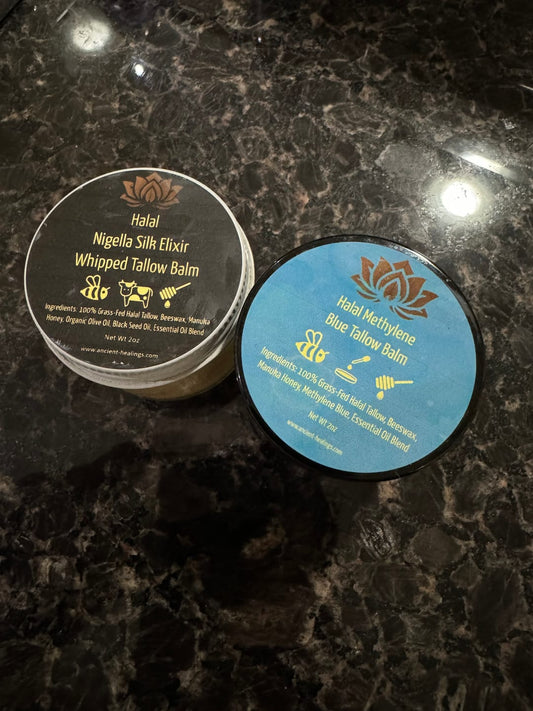 Halal black seed oil tallow balm and halal methylene blue tallow balm