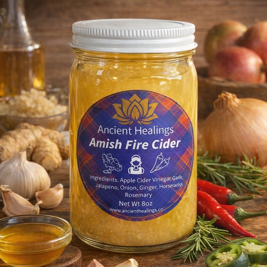 Jar of Ancient Healings Amish Fire Cider with ingredients on a wooden background