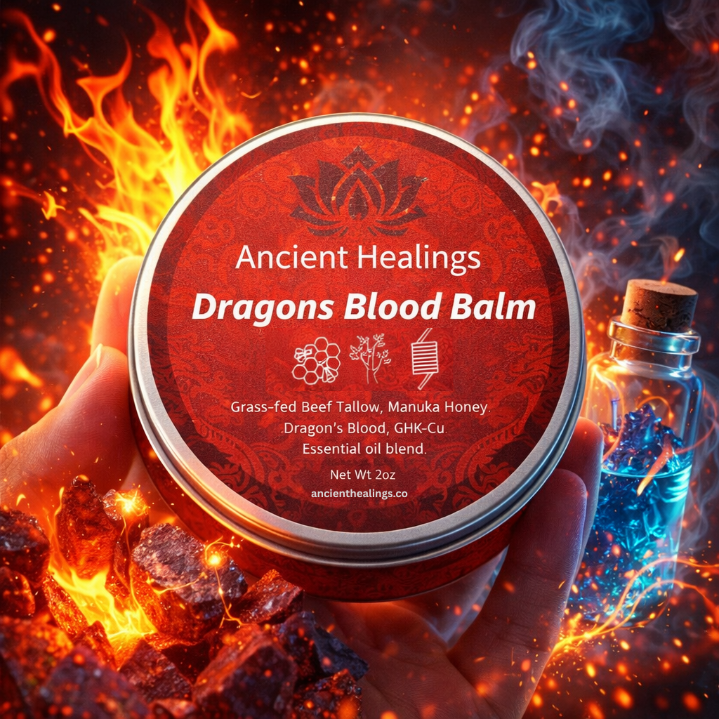 Red balm container labeled 'Ancient Healings Dragons Blood Balm' held by a hand with fiery and mystical background.