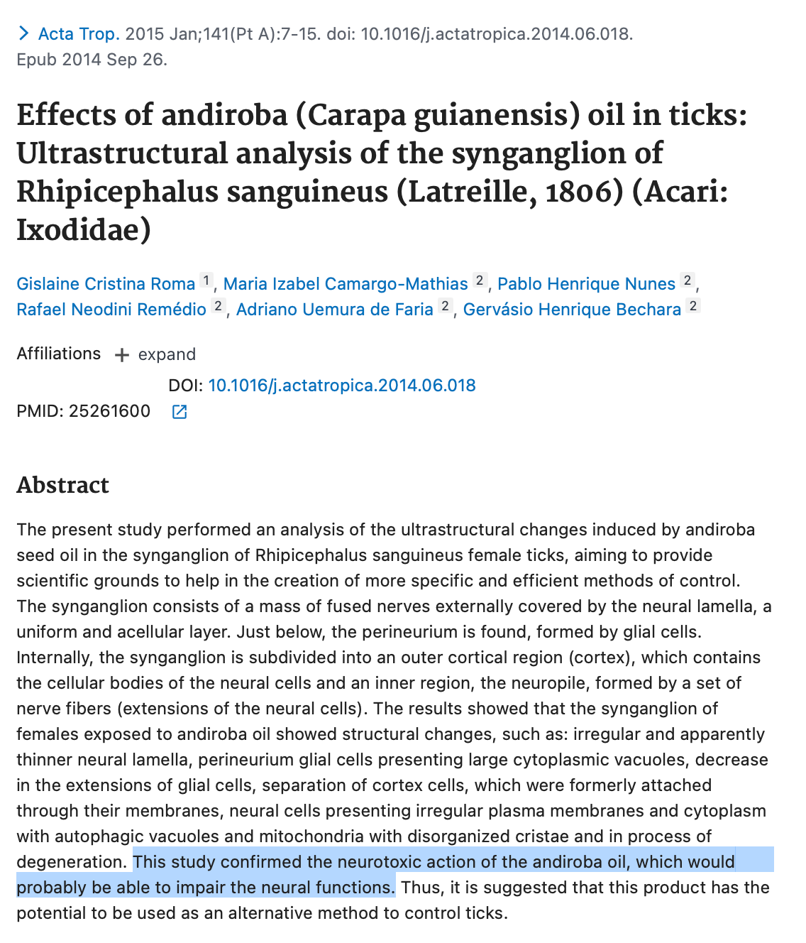 Scientific paper abstract on effects of andiroba oil in ticks