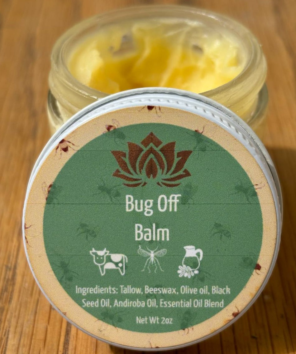 DEET-free bug-repelling tallow balm with beeswax, black seed oil & andiroba oil for all-natural protection.