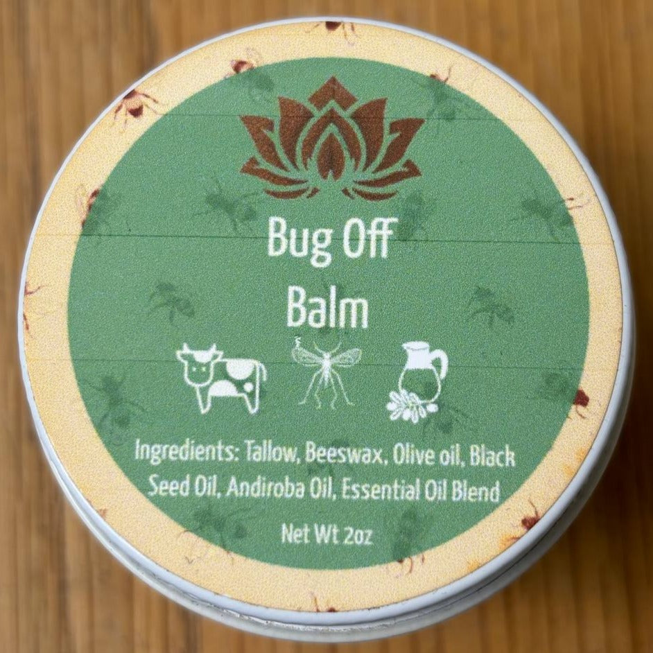 DEET-free bug-repelling tallow balm with beeswax, black seed oil & andiroba oil for all-natural protection.