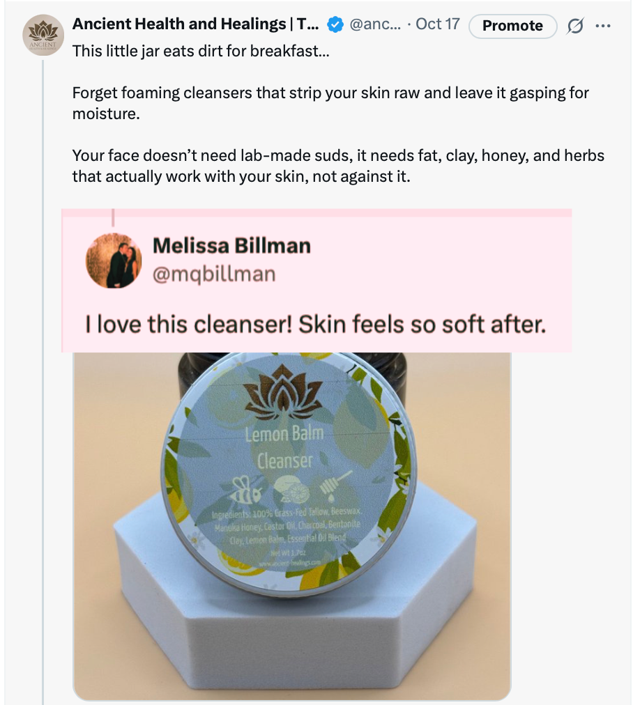 Product review of a lemon balm cleanser with a user testimonial on a social media post.