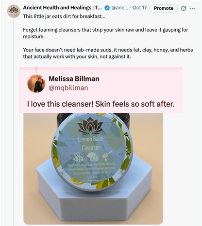 Product review of a lemon balm cleanser with a user testimonial on a social media post.