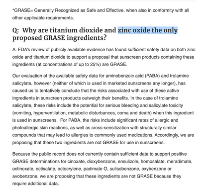 Text discussing the safety of titanium dioxide and zinc oxide as GRASE ingredients for sunscreen products.