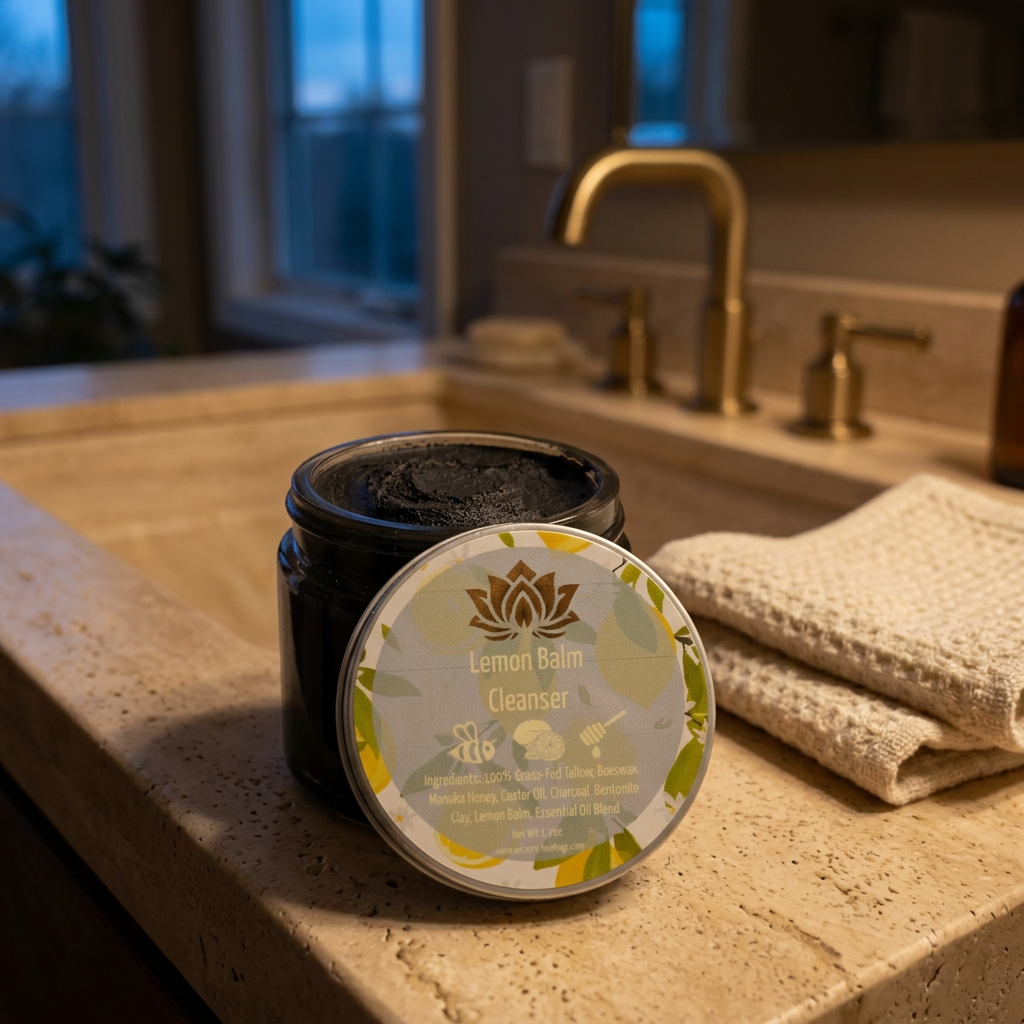 Tallow face cleanser beside a stone sink in warm evening light