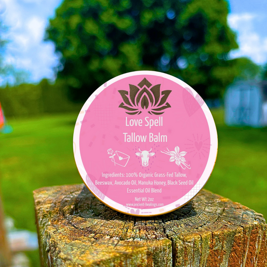 Love Spell whipped tallow balm – deeply hydrating, scented with essential oils, and free from toxic chemicals.