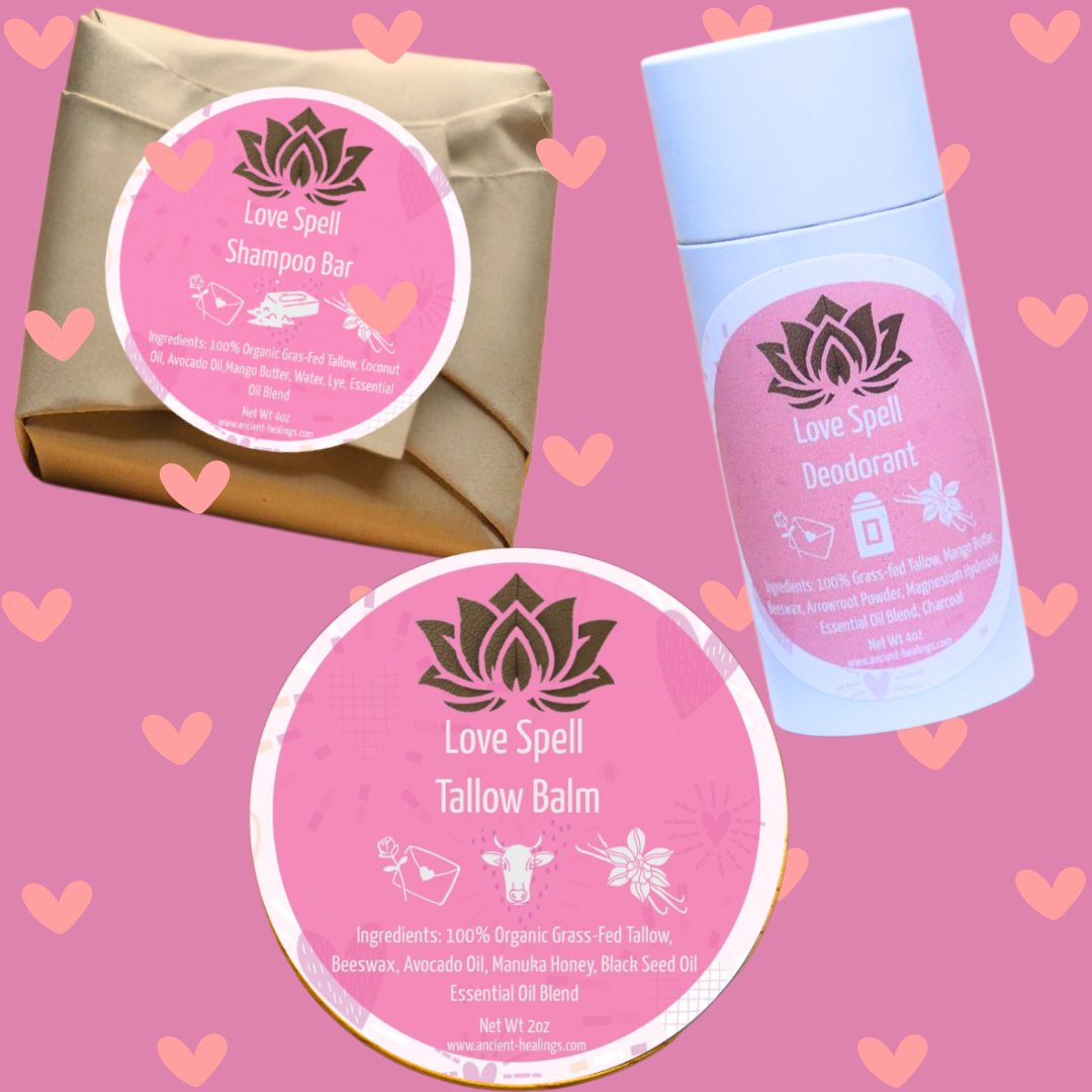 Love Spell tallow skincare set with whipped balm, deodorant & shampoo bar – a perfect non-toxic gift.