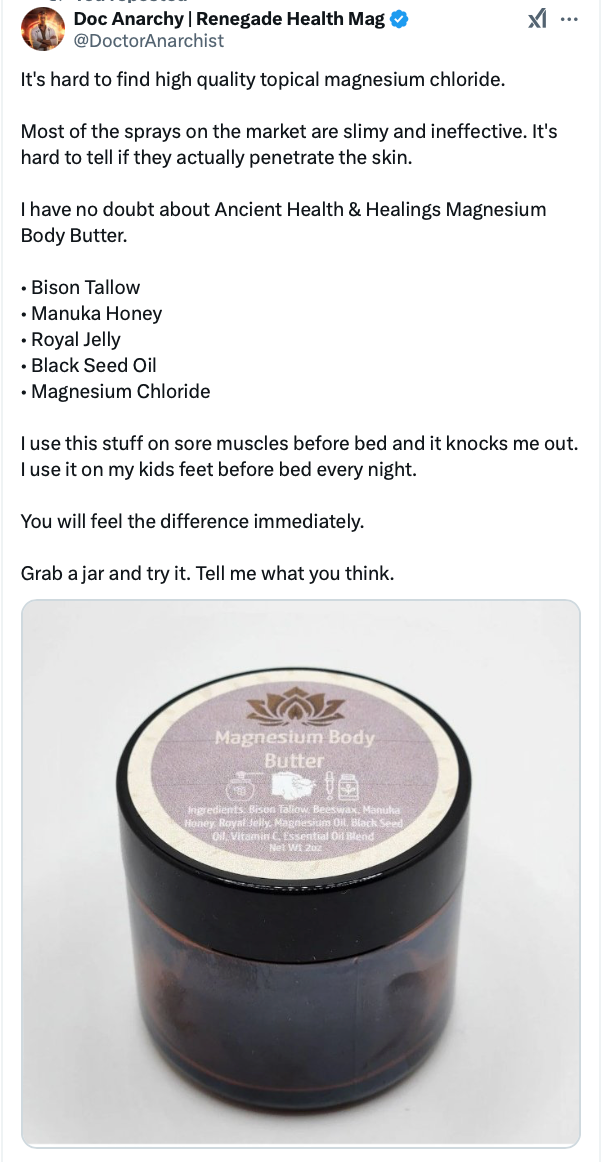 Magnesium body butter with bison tallow, beeswax & essential oils for relaxation & deep moisture.