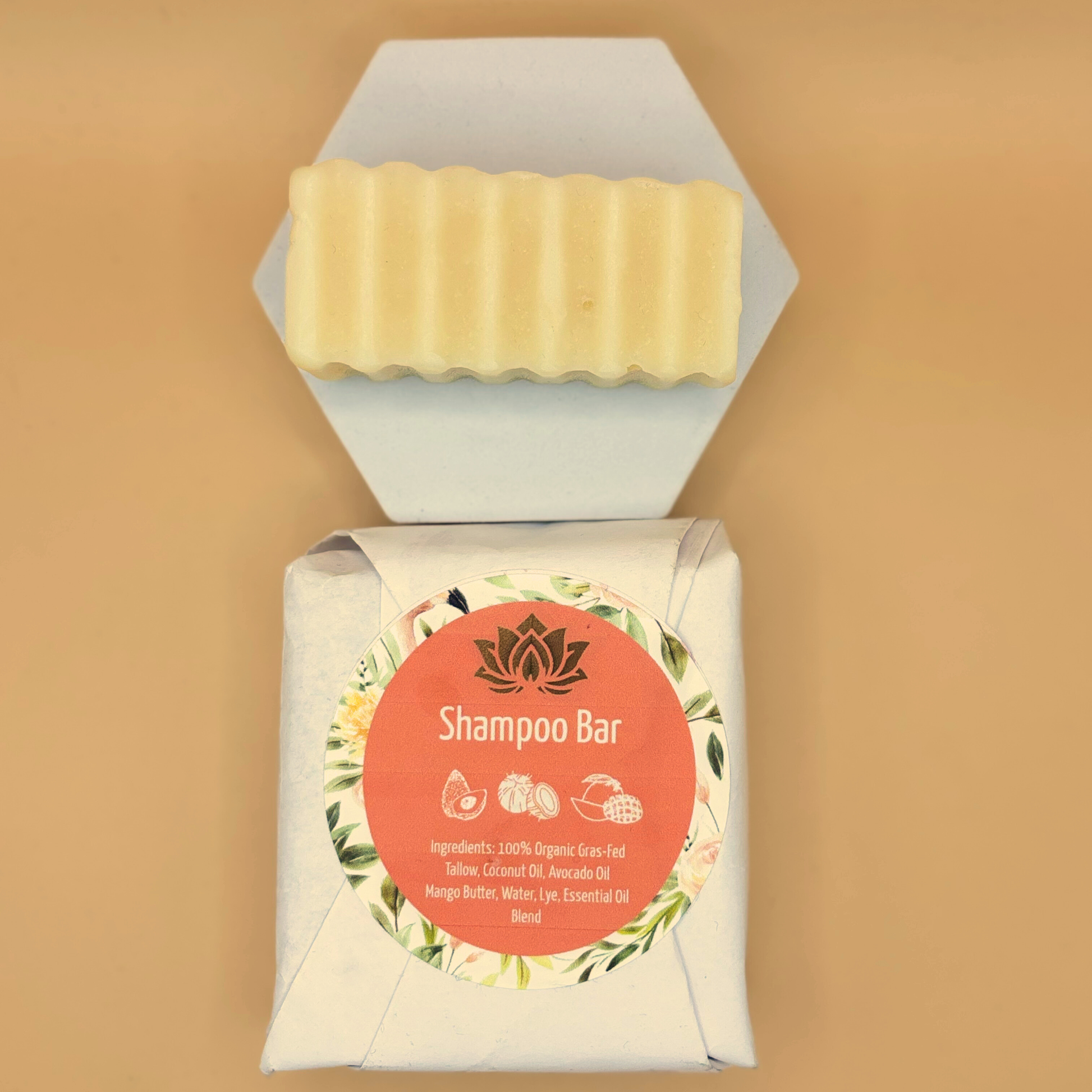 Shampoo bar with packaging on a beige background