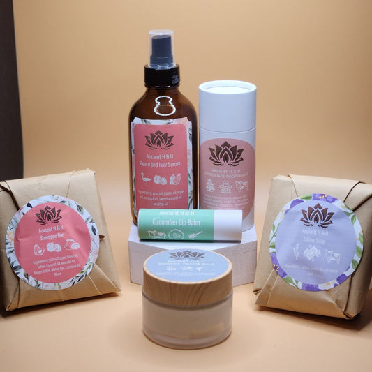 Tallow Shower Bundle with shampoo bar, soap, deodorant, lip balm & whipped tallow balm – all-natural, deeply nourishing skincare.