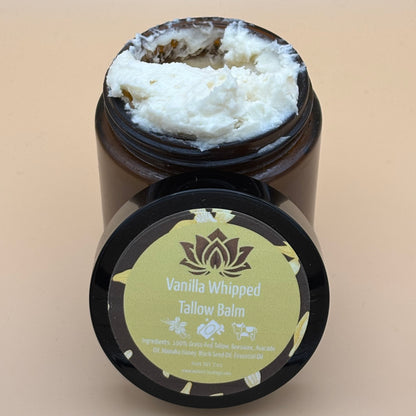 Vanilla Whipped Tallow Balm jar with a visible brand label on a beige background